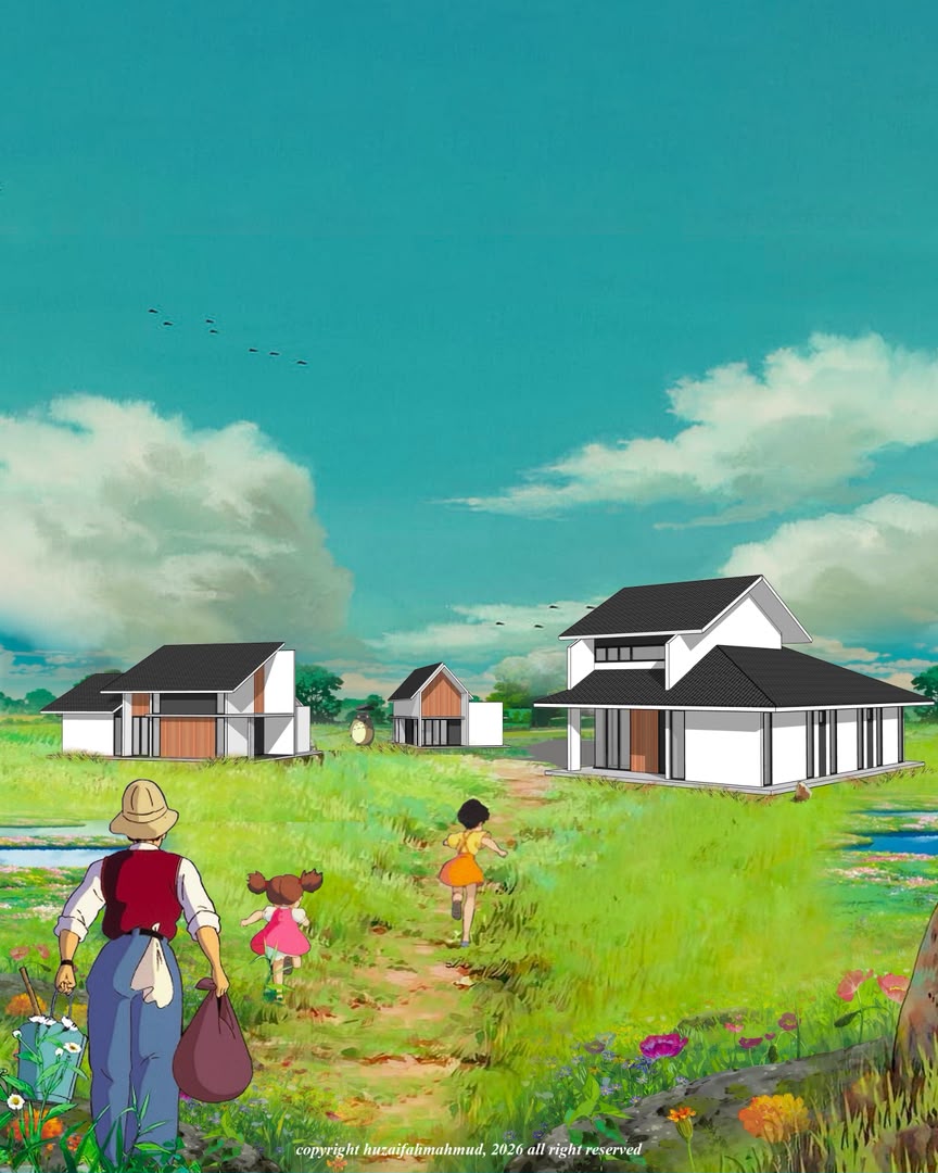 Contemporary residential architectural concept visualization in green landscape, view 01