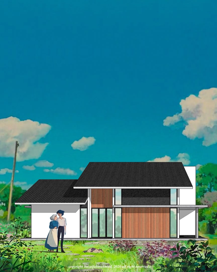 Contemporary residential architectural concept visualization in green landscape, view 02