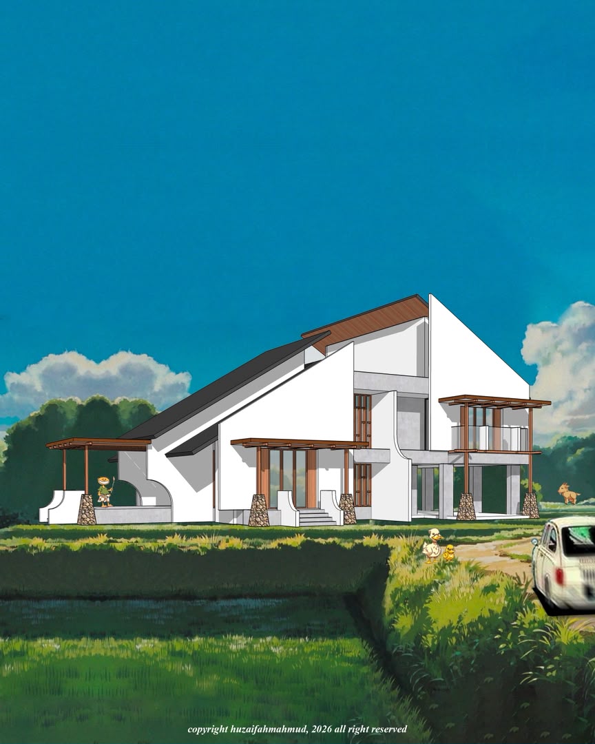 Contemporary pitched-roof house with broad glazed facade and green landscape