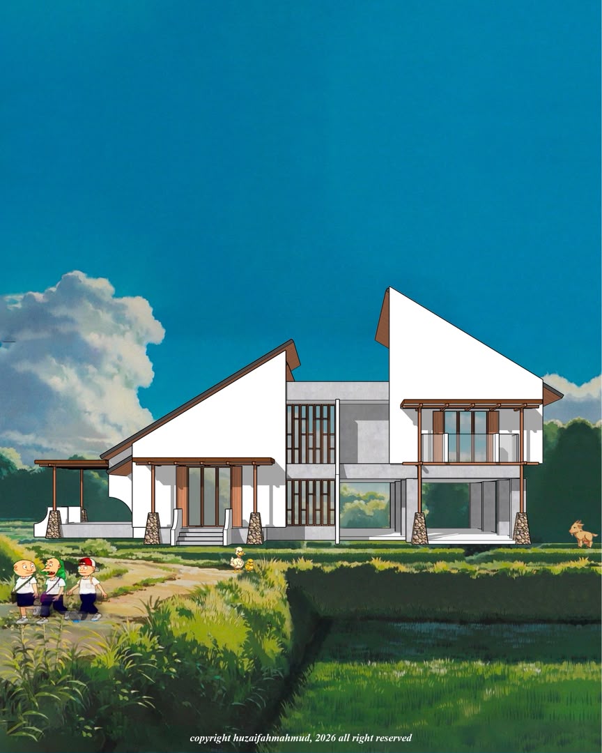 Contemporary pitched-roof house architectural visualization surrounded by green landscaping