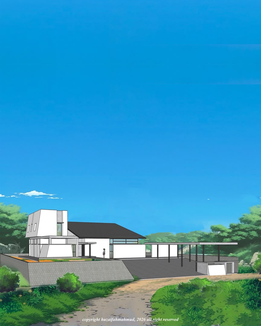 Contemporary residential architectural concept visualization in green landscape, view 06