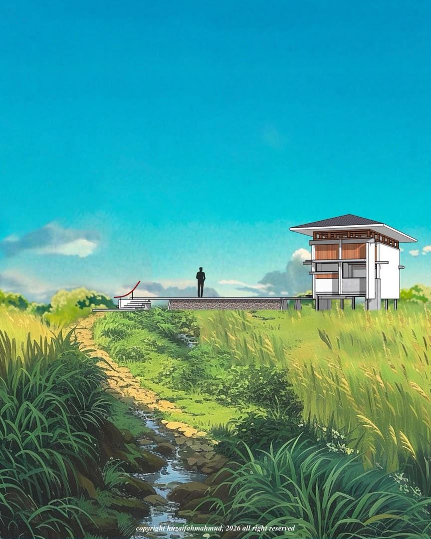 Contemporary residential architectural concept visualization in green landscape, view 07