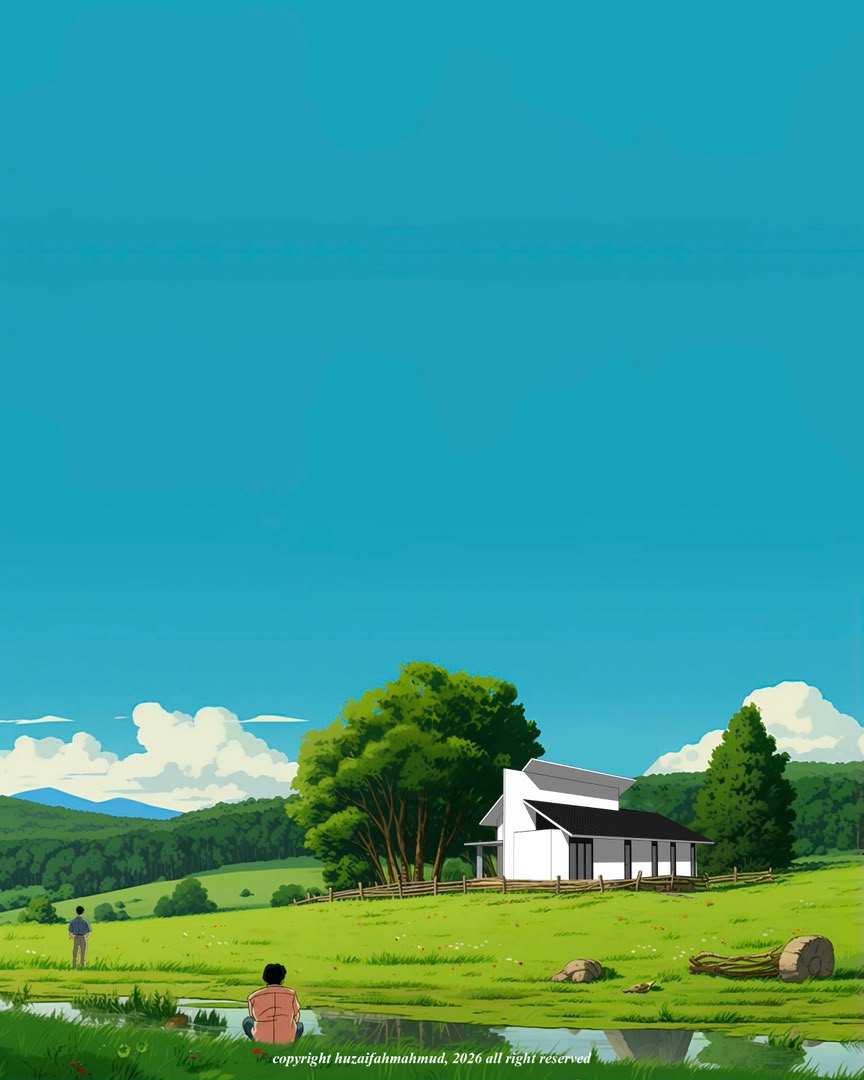 Contemporary residential architectural concept visualization in green landscape, view 08