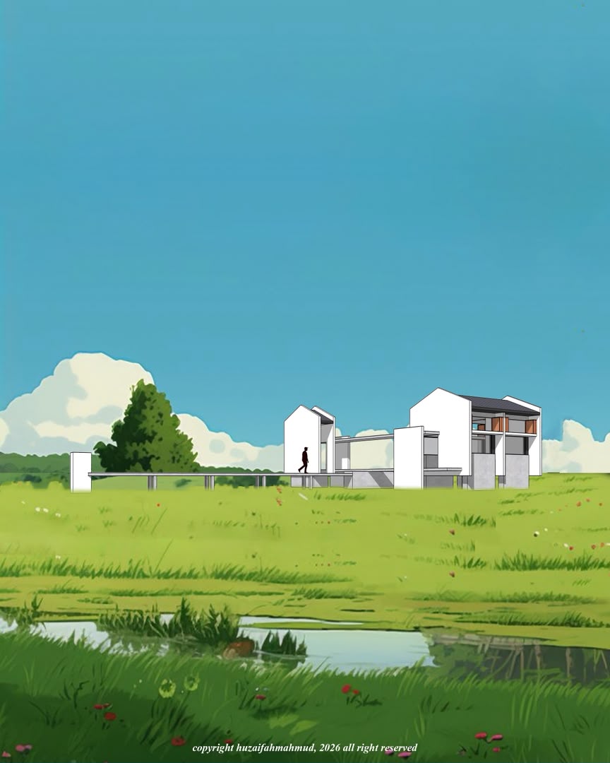 Contemporary residential architectural concept visualization in green landscape, view 09