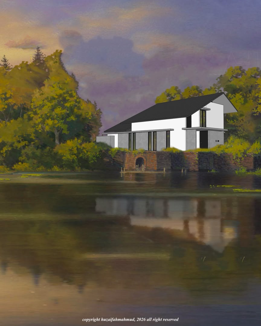 Modern house concept with evening lighting and water reflection
