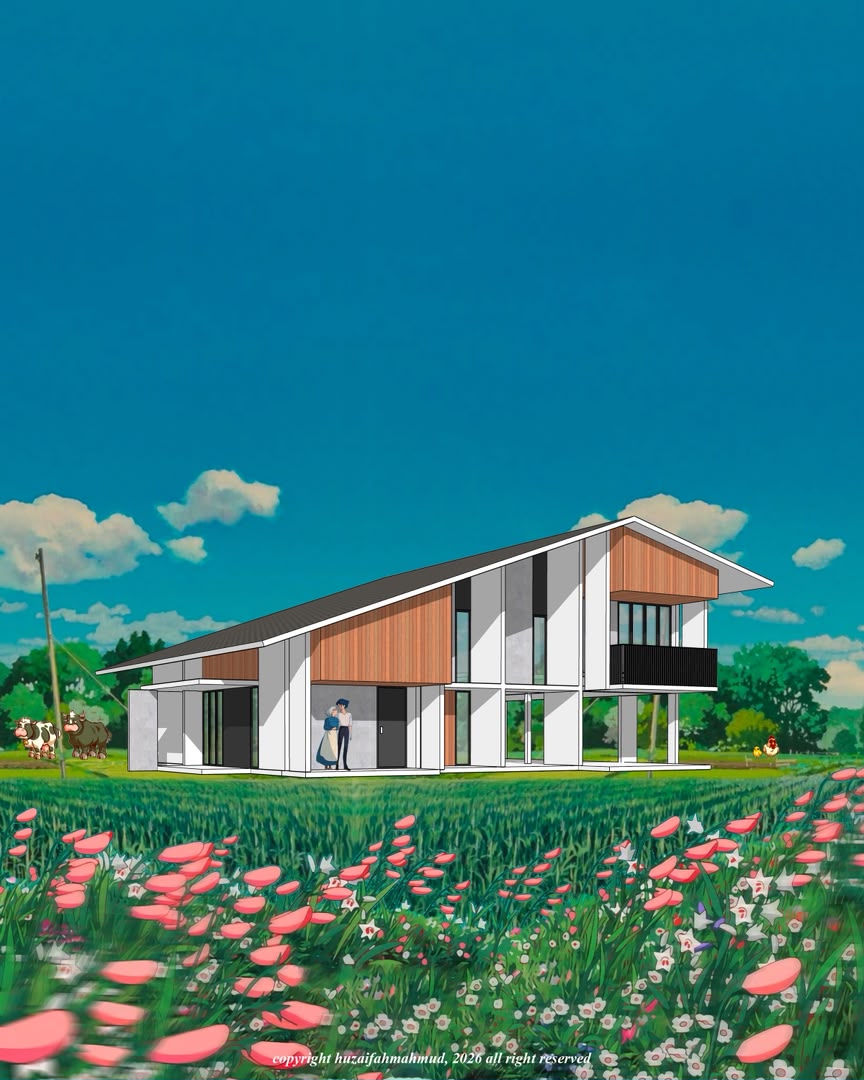 Contemporary residential architectural concept visualization in green landscape, view 11