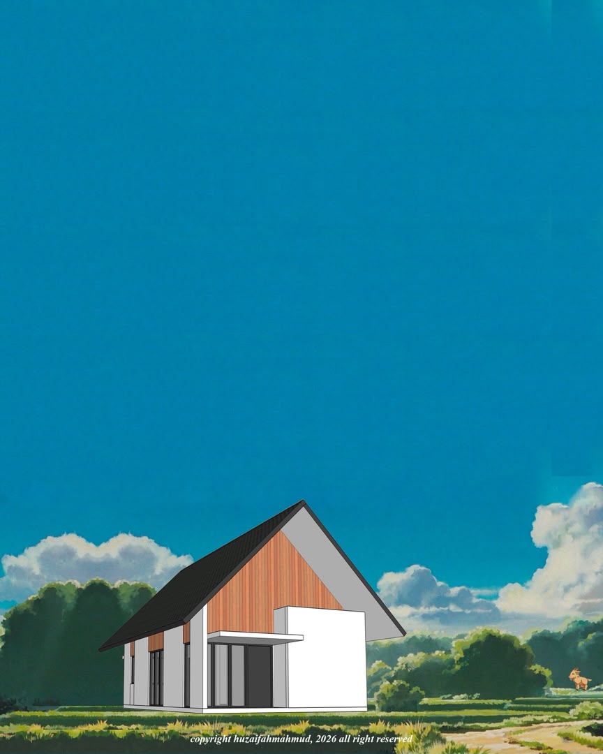 Contemporary residential architectural concept visualization in green landscape, view 13