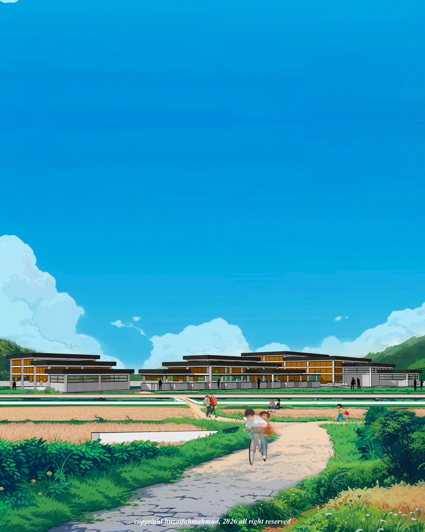 Contemporary residential architectural concept visualization in green landscape, view 14